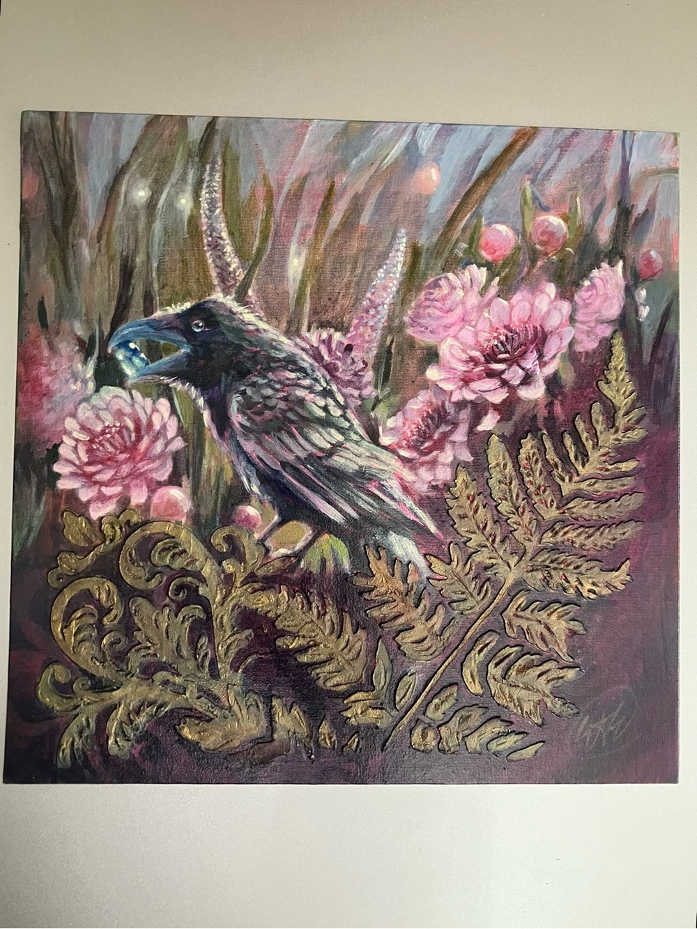 ORIGINAL crow raven landscape painting bird garden art nature surreal artwork US